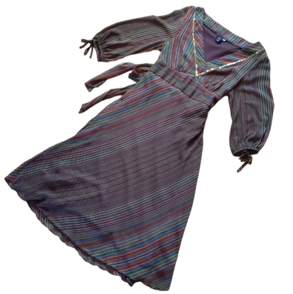 H&M Sheer Mesh Dress, Tie Back, layered overlay w/ slip, sequins, Med, striped - Picture 2 of 16